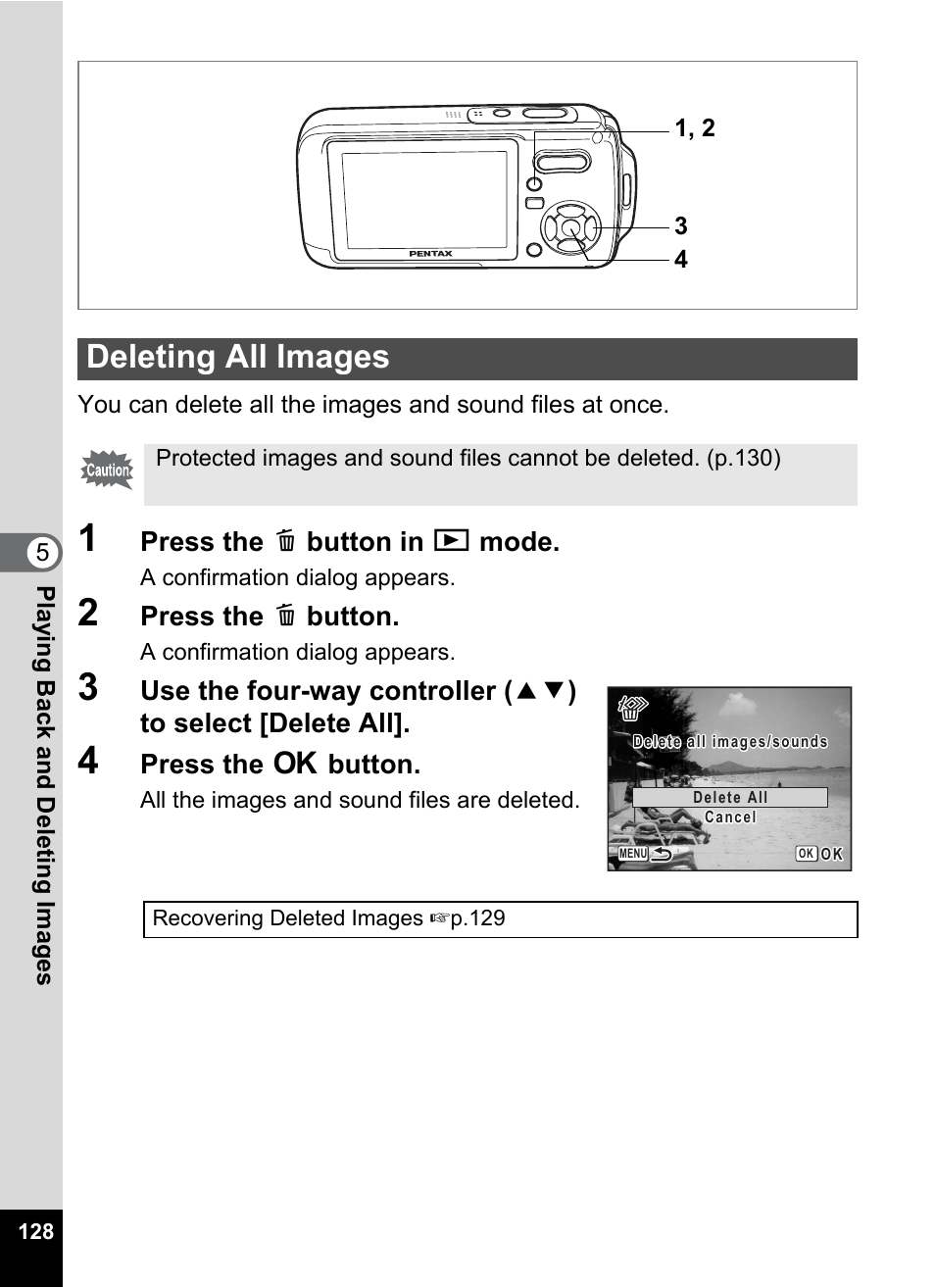 Deleting all images | Pentax Optio W20 User Manual | Page 130 / 208