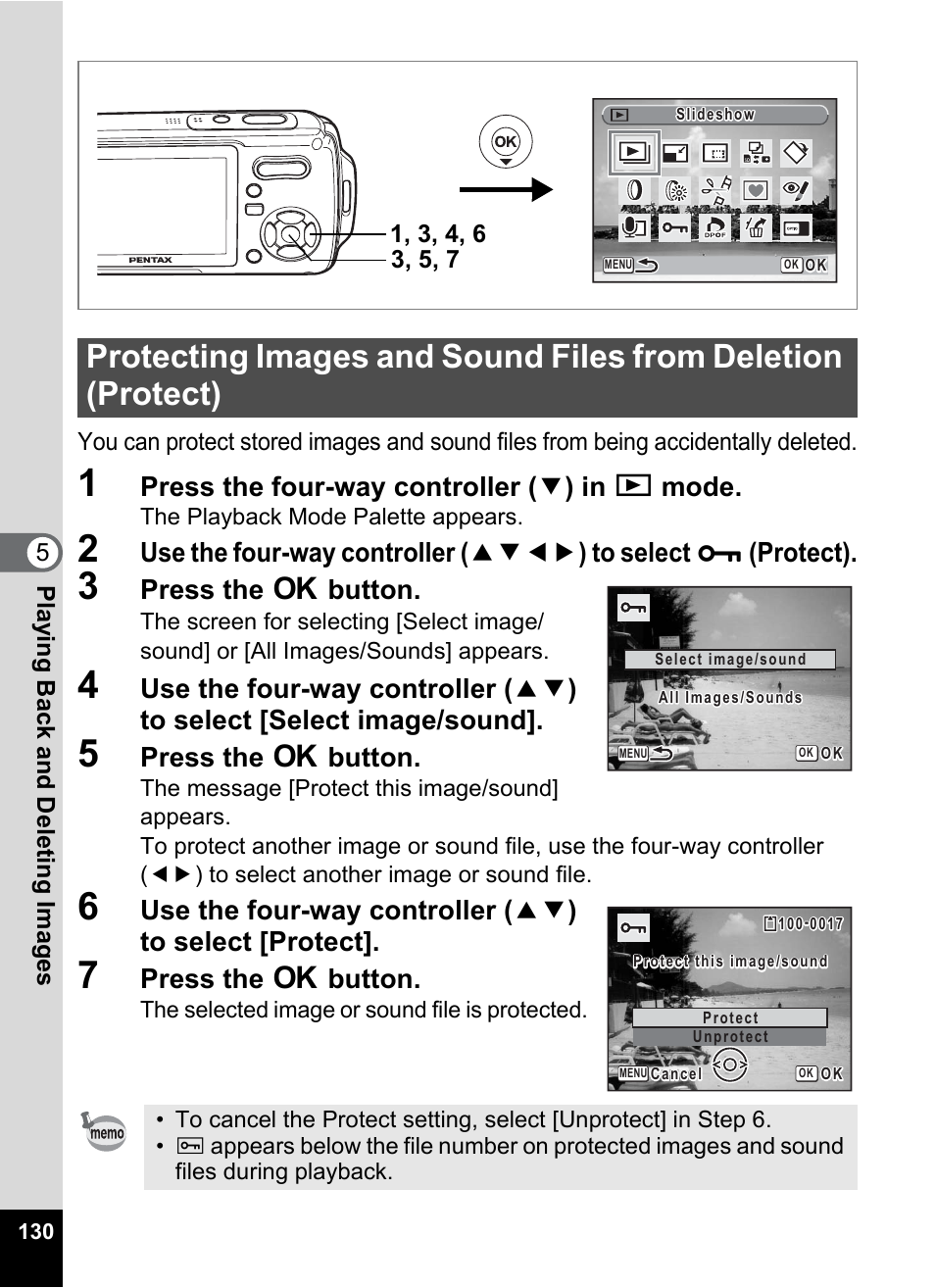 Protect icon (p.130, P.130, P.130) | Press the four-way controller ( 3 ) in q mode, Press the 4 button | Pentax Optio W20 User Manual | Page 132 / 208