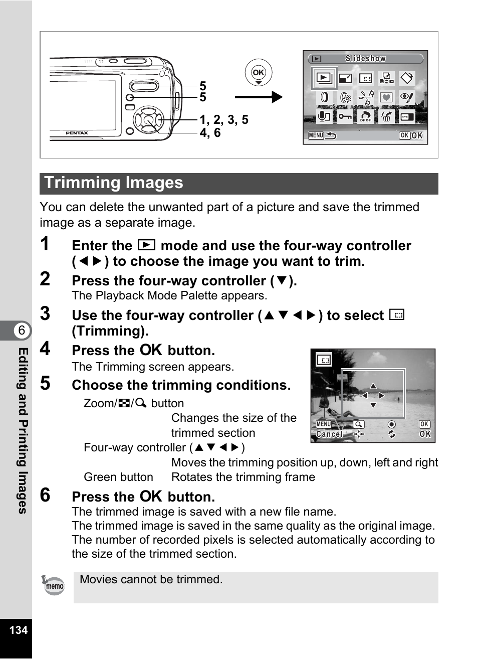 Trimming images, P.134), c, P.134 | Pentax Optio W20 User Manual | Page 136 / 208