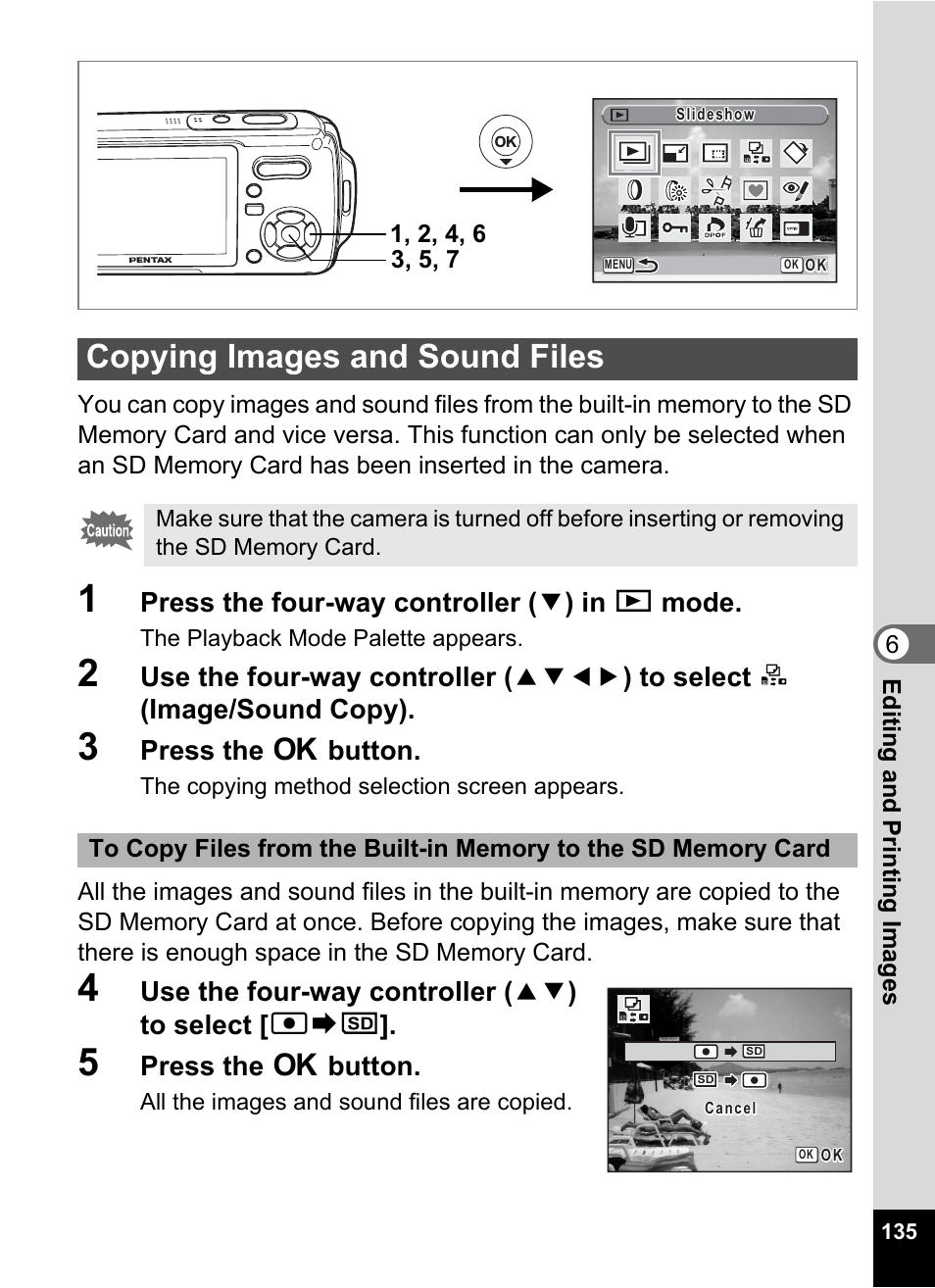 Copying images and sound files, P.135, Press the four-way controller ( 3 ) in q mode | Press the 4 button, Use the four-way controller ( 23 ) to select [ 2 | Pentax Optio W20 User Manual | Page 137 / 208