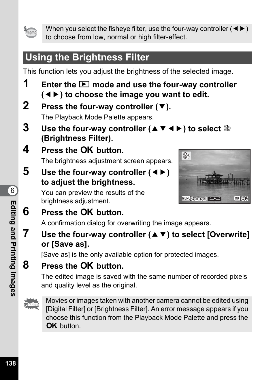 Using the brightness filter, P.138), P.138 | Pentax Optio W20 User Manual | Page 140 / 208