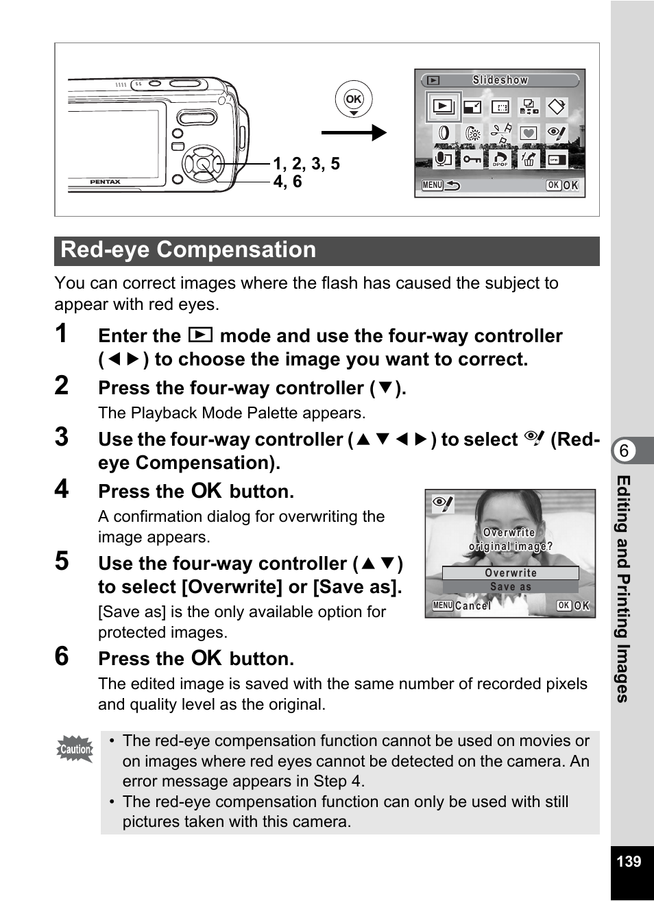 Red-eye compensation, Mode. (p.139), P.139 | Press the four-way controller ( 3 ), Press the 4 button | Pentax Optio W20 User Manual | Page 141 / 208