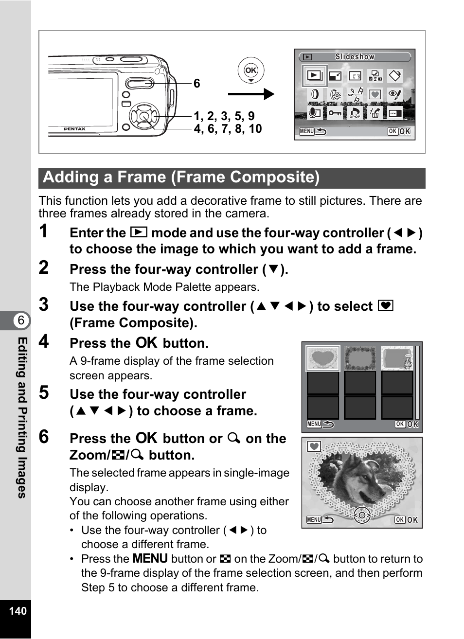 Adding a frame (frame composite), P.140), P.140 | Press the four-way controller ( 3 ), Press the 4 button, Press the 4 button or y on the zoom/ f / y button | Pentax Optio W20 User Manual | Page 142 / 208