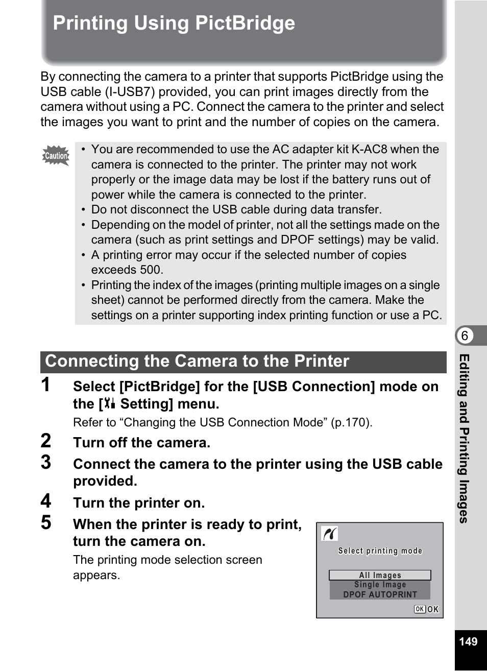 Printing using pictbridge, Connecting the camera to the printer | Pentax Optio W20 User Manual | Page 151 / 208