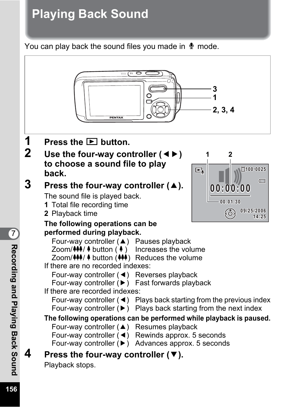 Playing back sound, P.156), And sounds (p.156), and switch | Pentax Optio W20 User Manual | Page 158 / 208