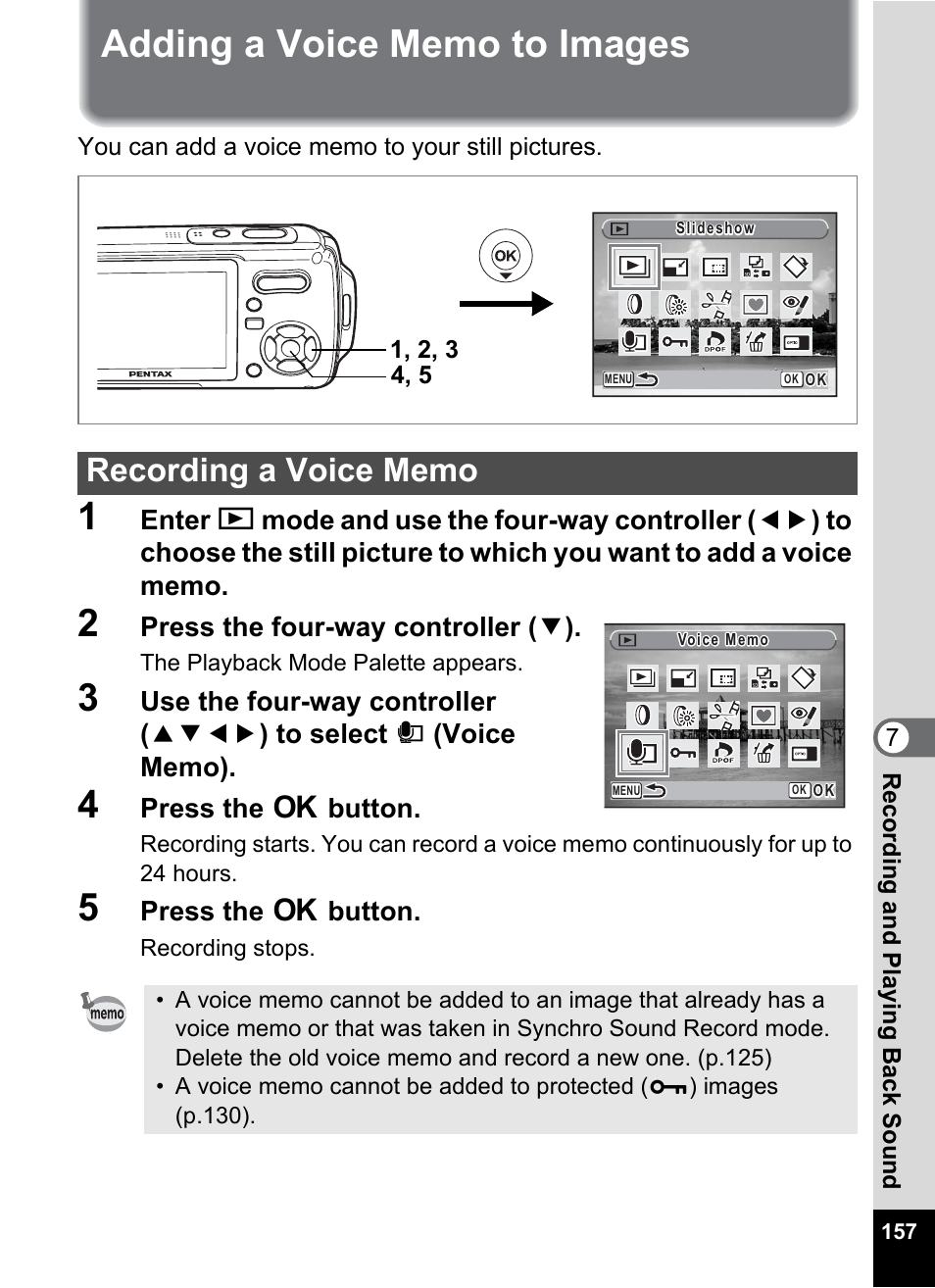 Adding a voice memo to images, Recording a voice memo, P.157 | Pentax Optio W20 User Manual | Page 159 / 208
