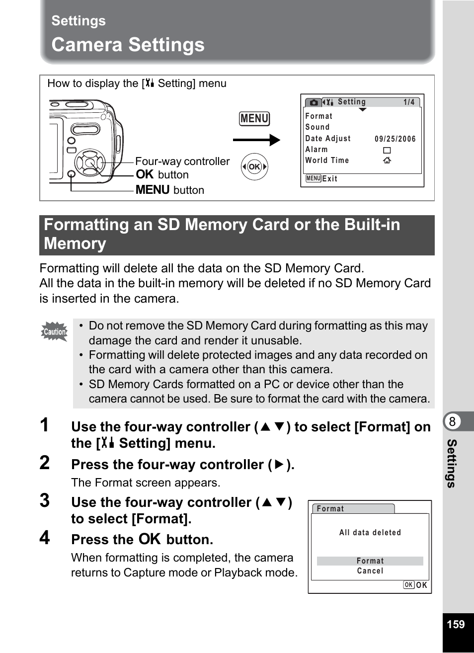 Settings, Camera settings, P.159 | Press the four-way controller ( 5 ), Press the 4 button | Pentax Optio W20 User Manual | Page 161 / 208