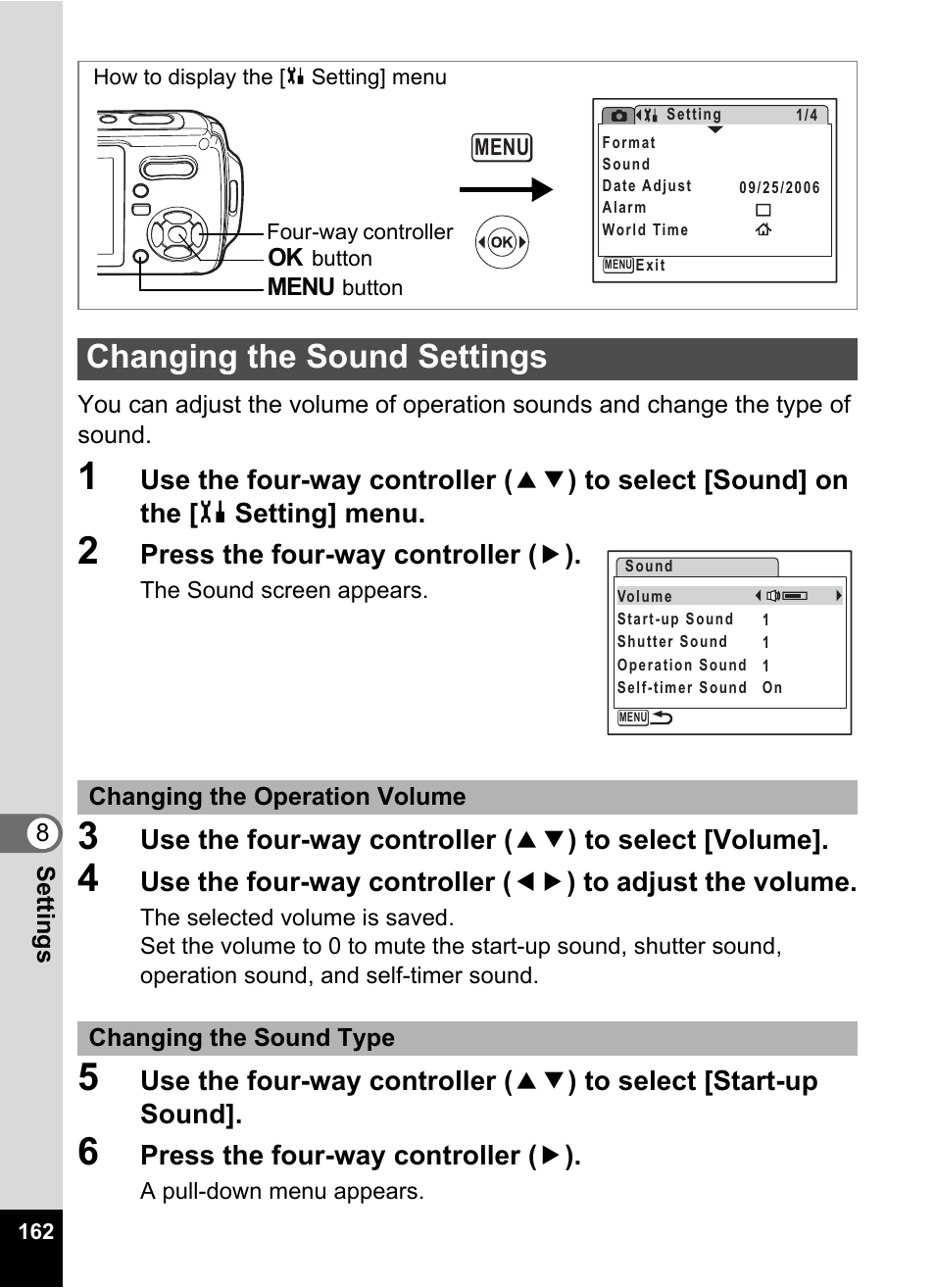 Changing the sound settings, P.162, Press the four-way controller ( 5 ) | Pentax Optio W20 User Manual | Page 164 / 208