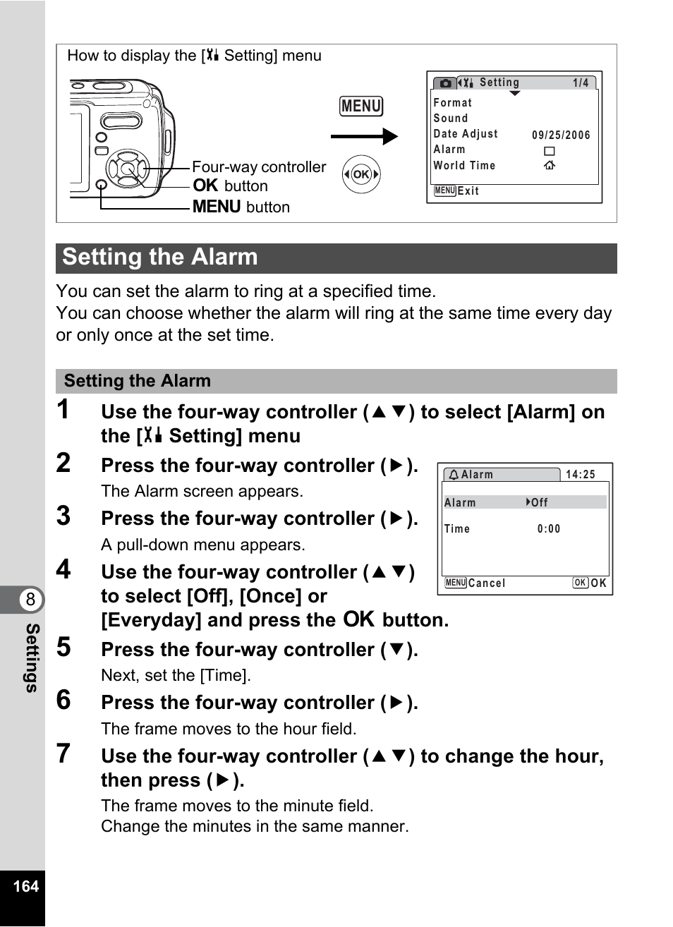 Setting the alarm, P.164, Press the four-way controller ( 5 ) | Press the four-way controller ( 3 ) | Pentax Optio W20 User Manual | Page 166 / 208