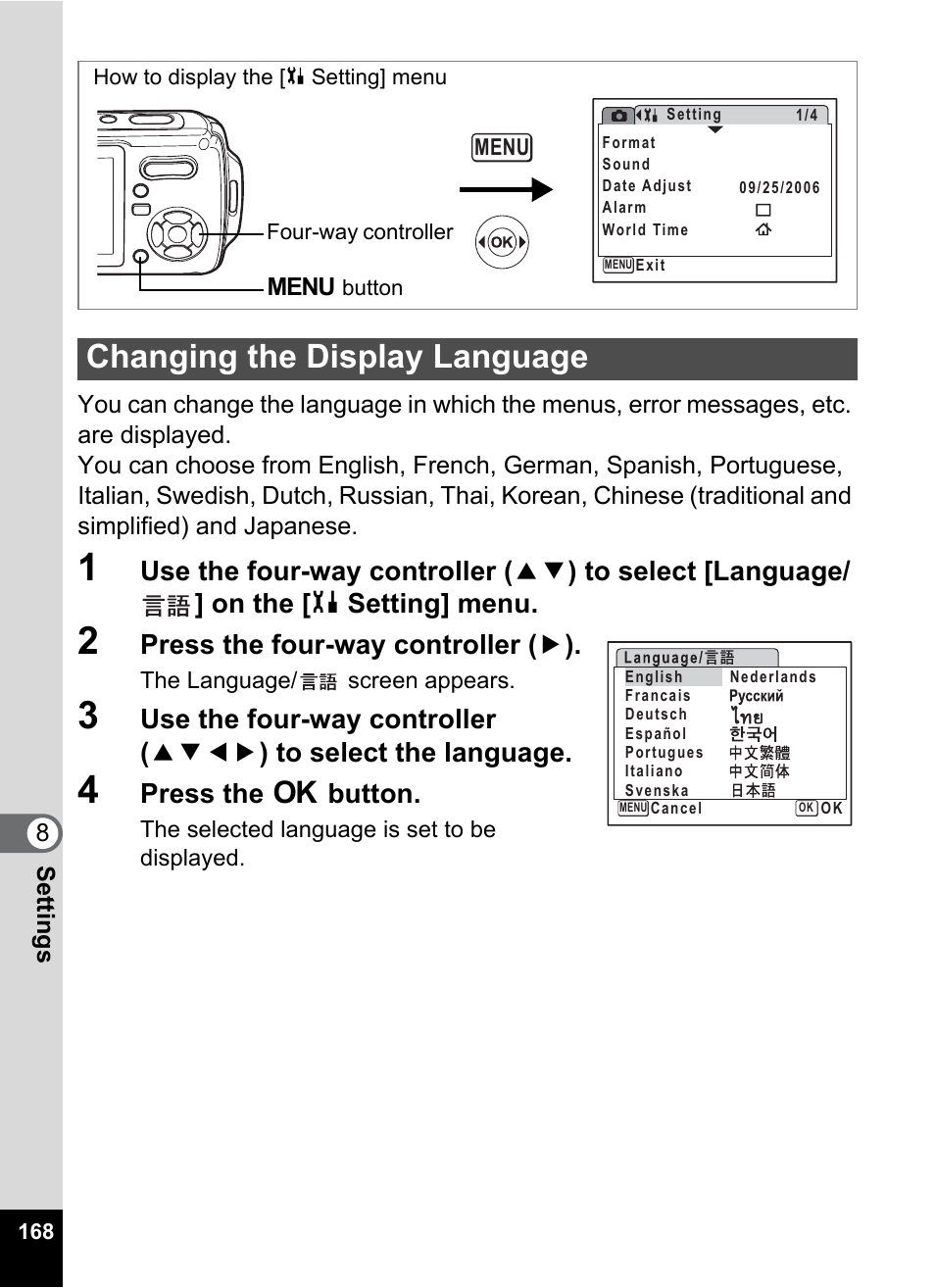 Changing the display language, Changing the display, Language” (1p.168) | P.168, Press the four-way controller ( 5 ), Press the 4 button | Pentax Optio W20 User Manual | Page 170 / 208