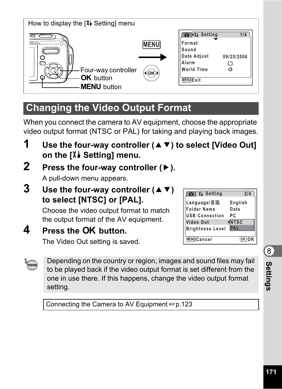 Changing the video output format, At” (p.171), P.171 | Press the four-way controller ( 5 ), Press the 4 button | Pentax Optio W20 User Manual | Page 173 / 208