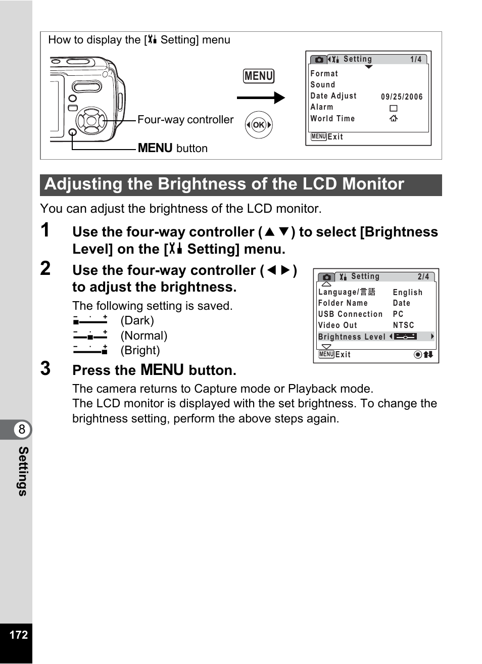 Adjusting the brightness of the lcd monitor, P.172, Press the 3 button | Pentax Optio W20 User Manual | Page 174 / 208