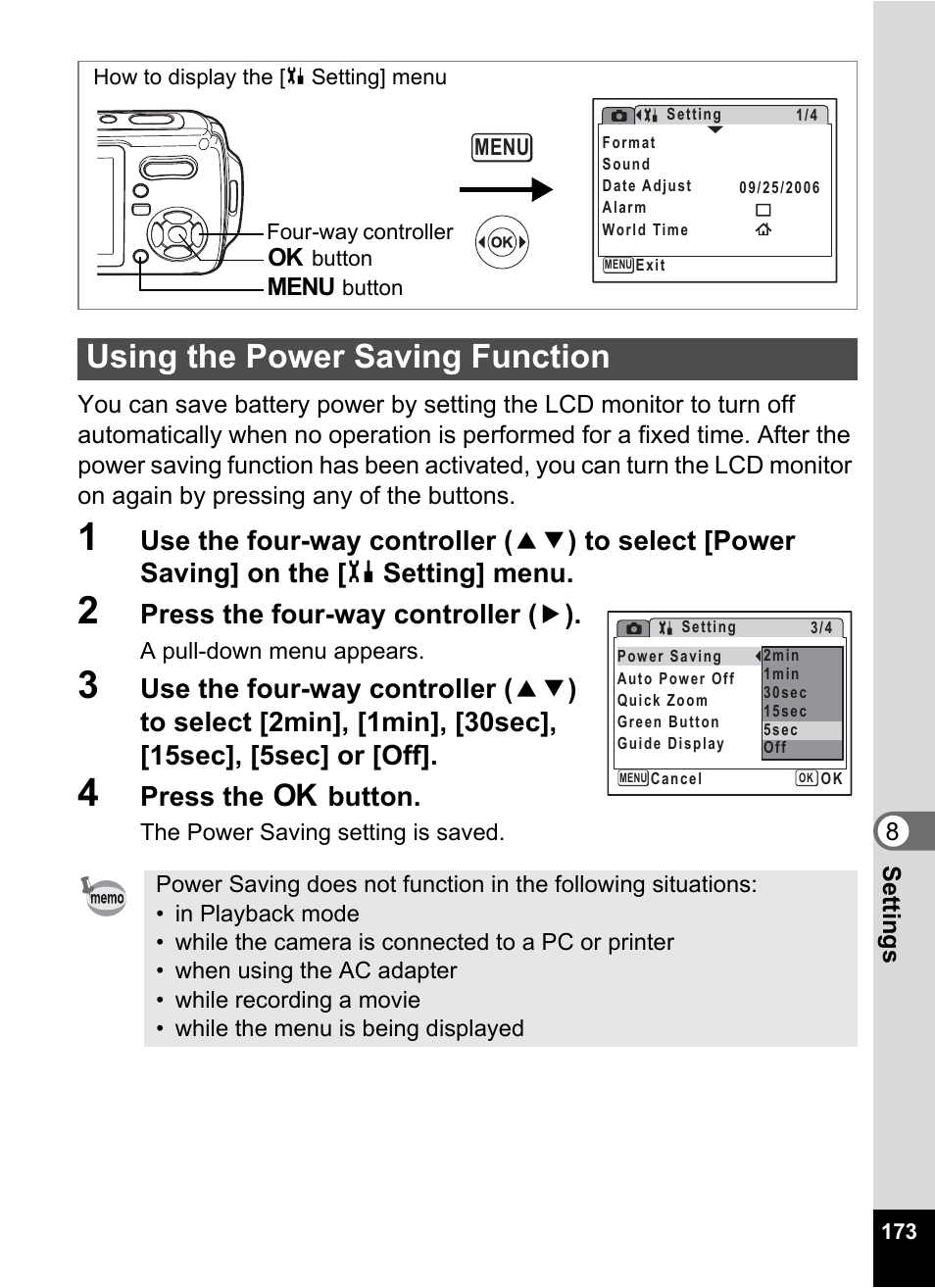 Using the power saving function, P.173, Press the four-way controller ( 5 ) | Press the 4 button | Pentax Optio W20 User Manual | Page 175 / 208