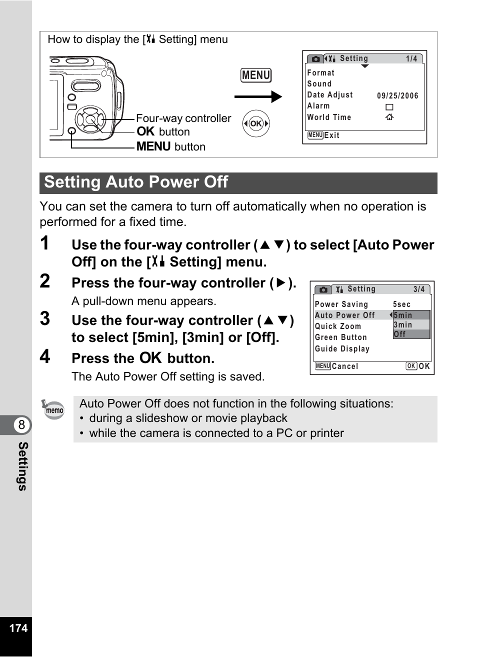 Setting auto power off, P.174, Press the four-way controller ( 5 ) | Press the 4 button | Pentax Optio W20 User Manual | Page 176 / 208