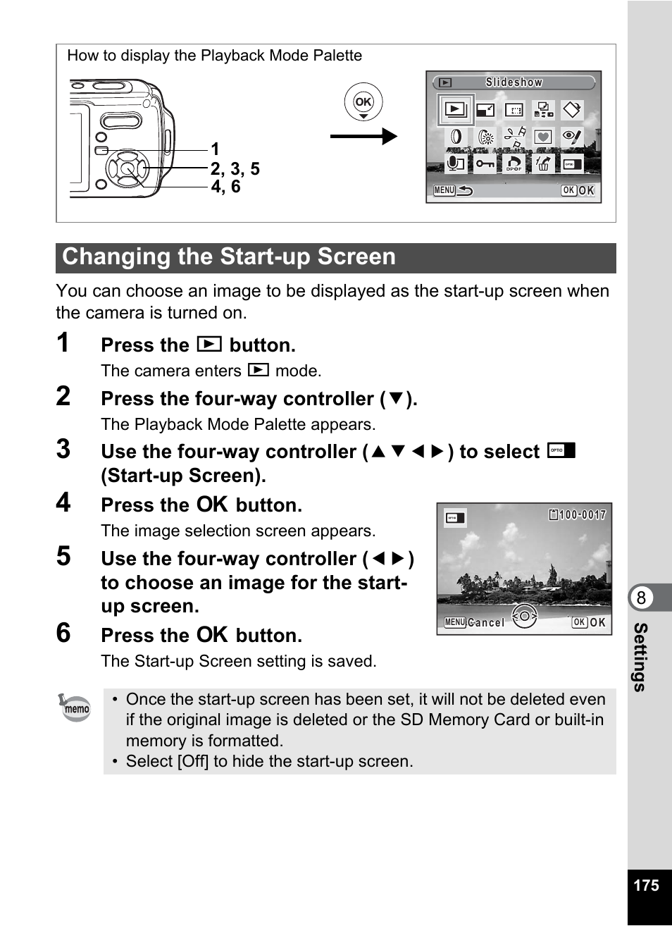 Changing the start-up screen, P.175, Press the q button | Press the four-way controller ( 3 ), Press the 4 button | Pentax Optio W20 User Manual | Page 177 / 208