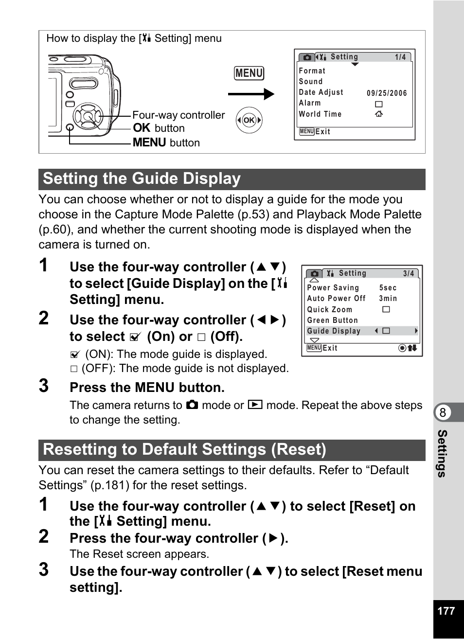 Setting the guide display, Resetting to default settings (reset), P.177 | P.177), Press the menu button, Press the four-way controller ( 5 ) | Pentax Optio W20 User Manual | Page 179 / 208