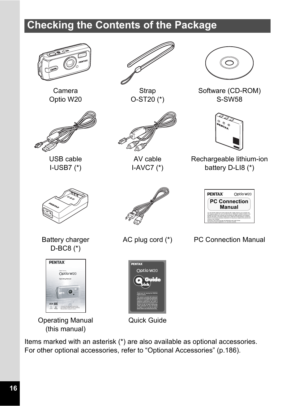 Checking the contents of the package | Pentax Optio W20 User Manual | Page 18 / 208