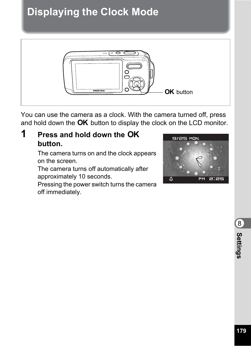 Displaying the clock mode, P.179) | Pentax Optio W20 User Manual | Page 181 / 208