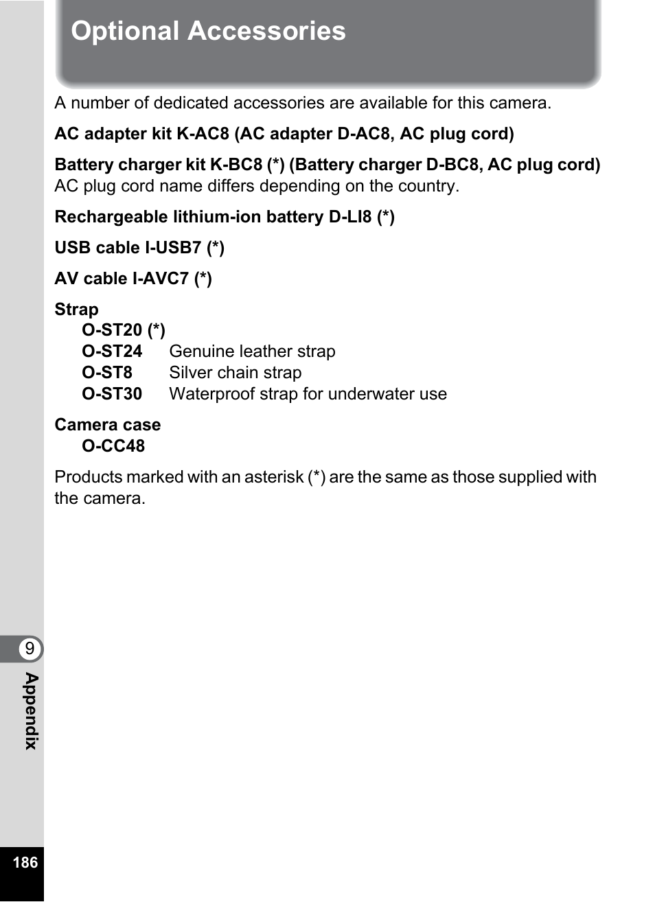 Optional accessories | Pentax Optio W20 User Manual | Page 188 / 208