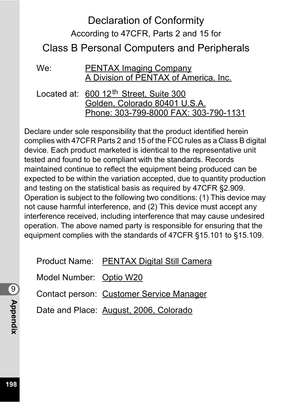 Declaration of conformity, Class b personal computers and peripherals | Pentax Optio W20 User Manual | Page 200 / 208