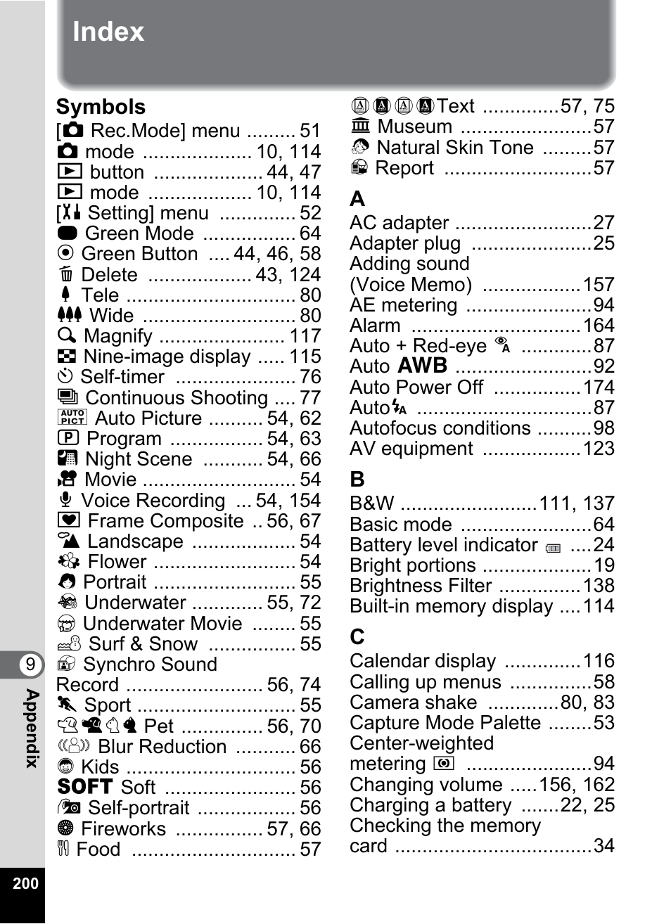 Index | Pentax Optio W20 User Manual | Page 202 / 208