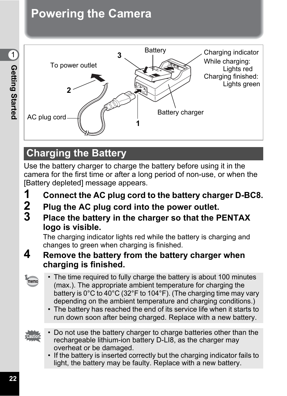 Powering the camera, Charging the battery | Pentax Optio W20 User Manual | Page 24 / 208