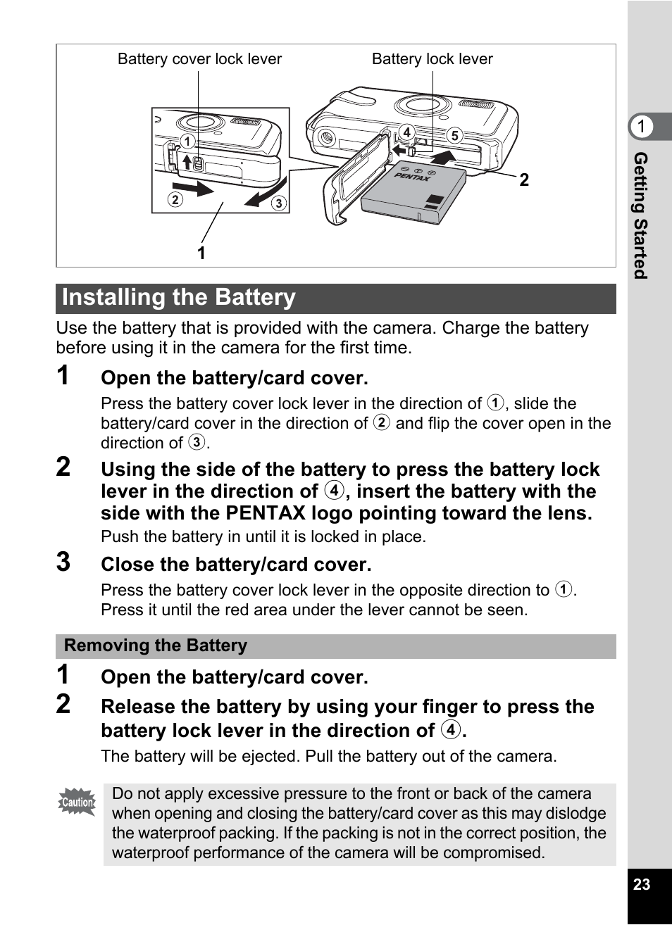 Installing the battery | Pentax Optio W20 User Manual | Page 25 / 208