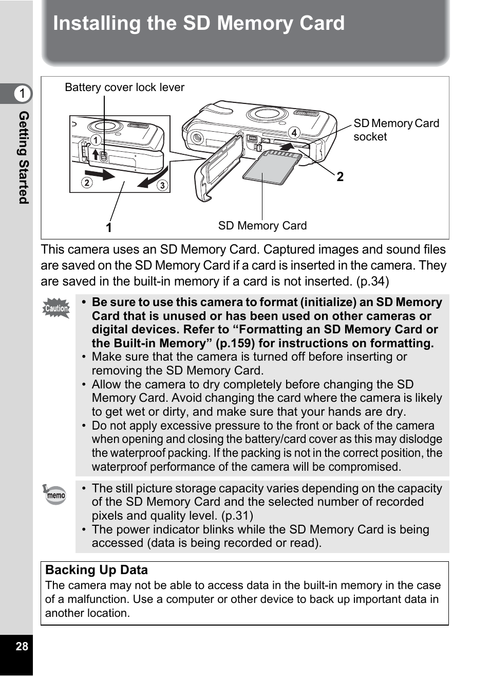Installing the sd memory card | Pentax Optio W20 User Manual | Page 30 / 208
