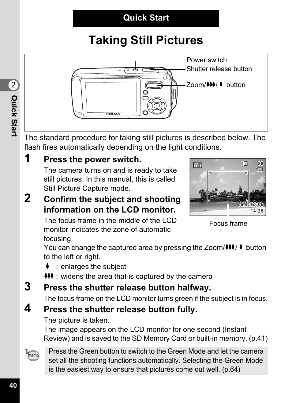 Quick start, Taking still pictures, P.40) | Pentax Optio W20 User Manual | Page 42 / 208