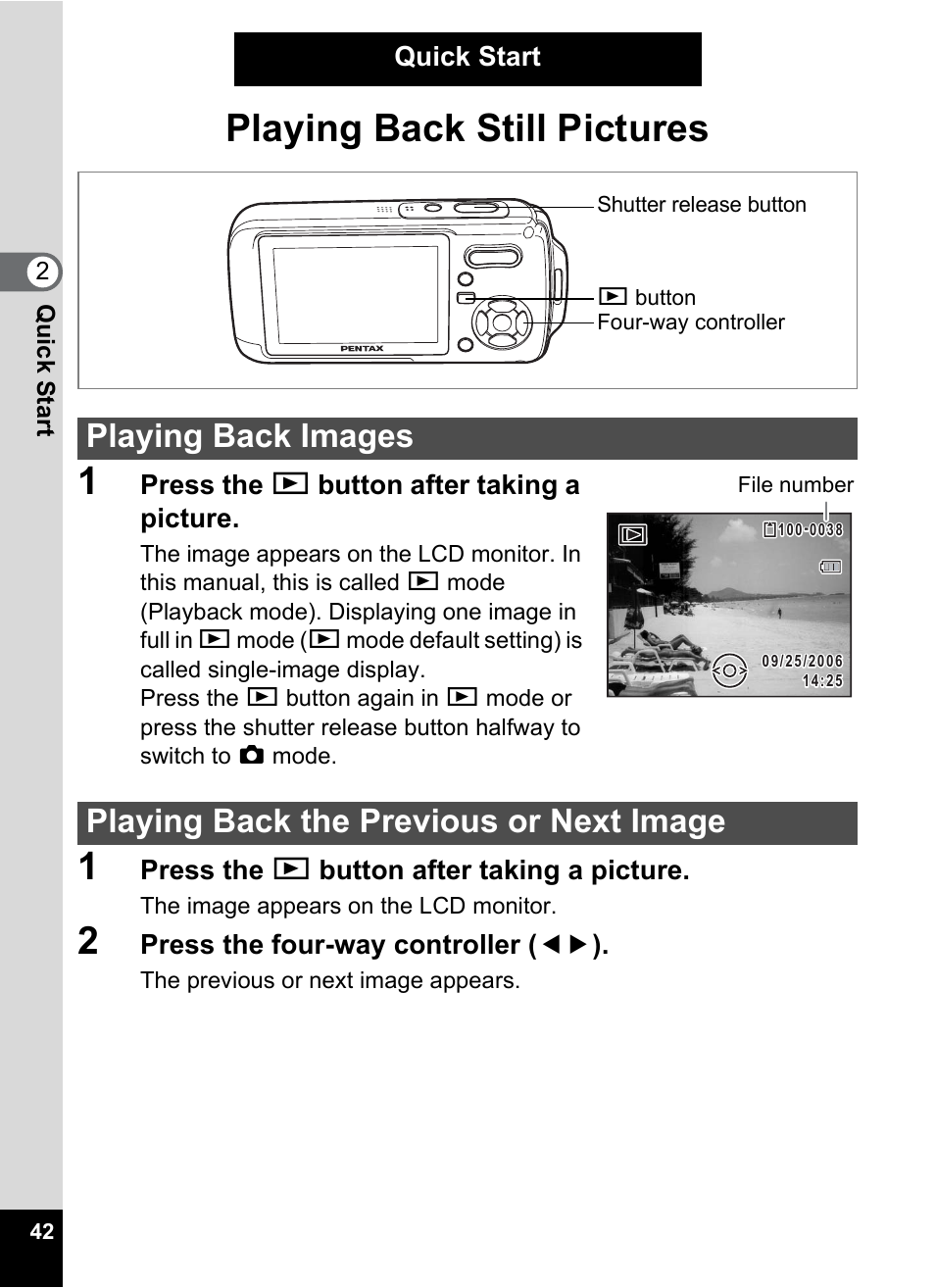 Playing back still pictures, Playing back images, Playing back the previous or next image | Playing back still pictures 1 | Pentax Optio W20 User Manual | Page 44 / 208