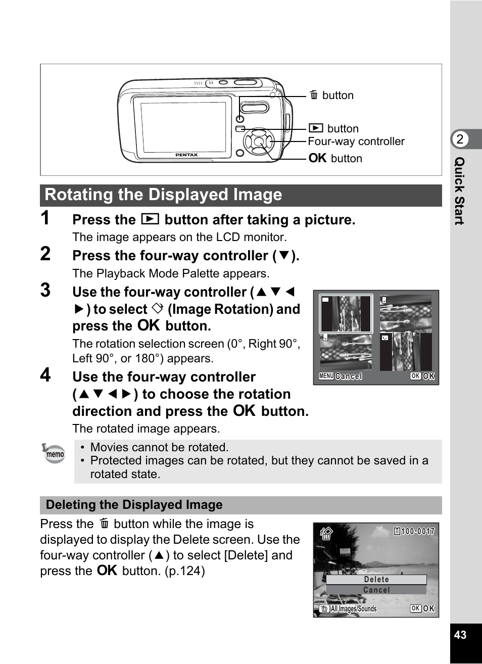 Rotating the displayed image, Press the q button after taking a picture, Press the four-way controller ( 3 ) | Pentax Optio W20 User Manual | Page 45 / 208