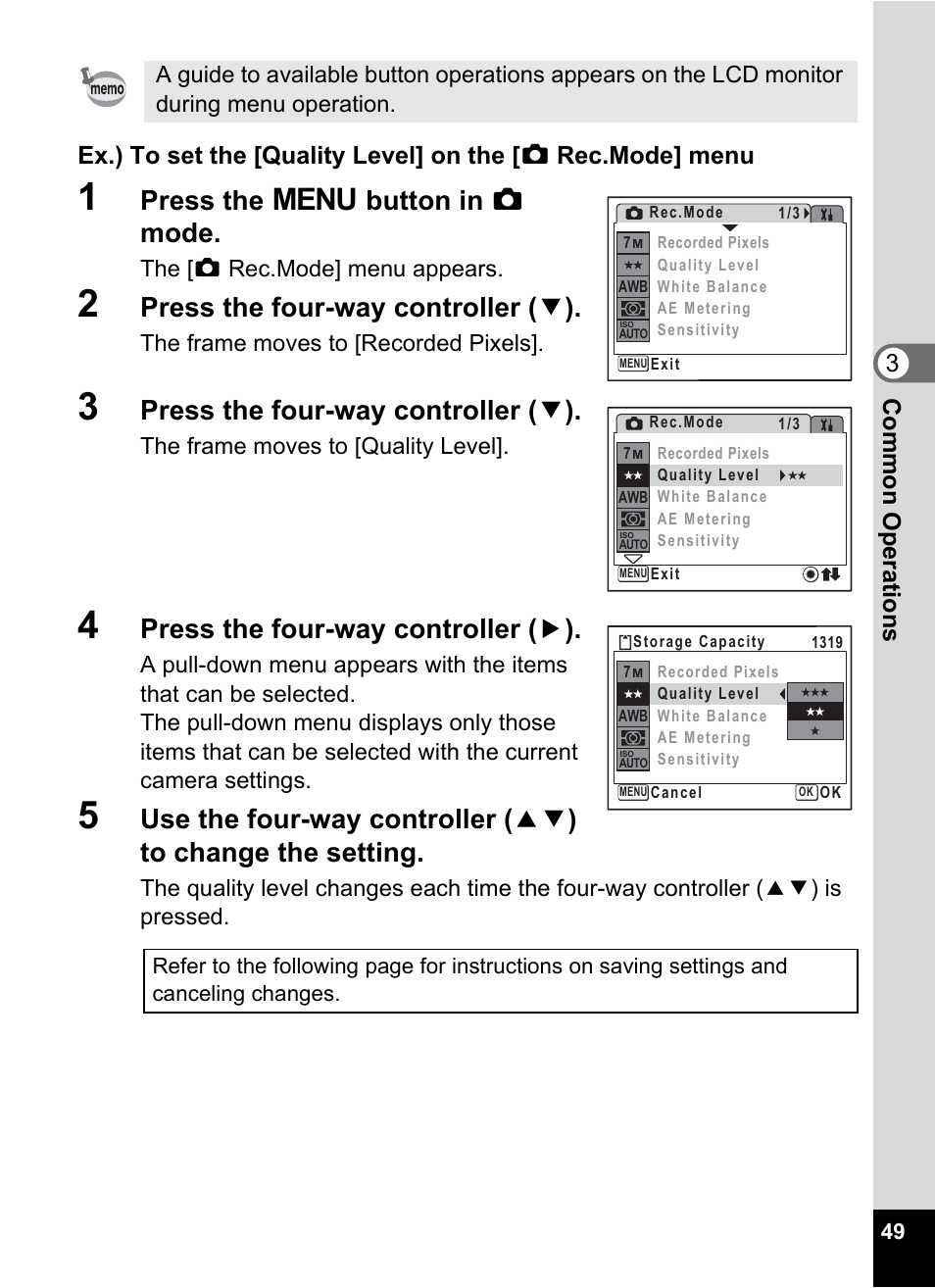 Press the 3 button in a mode, Press the four-way controller ( 3 ), Press the four-way controller ( 5 ) | The [a rec.mode] menu appears, The frame moves to [recorded pixels, The frame moves to [quality level | Pentax Optio W20 User Manual | Page 51 / 208