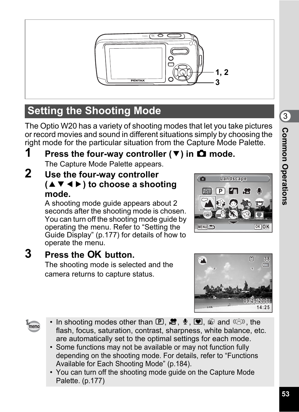 Setting the shooting mode, P.53), P.53 | P.53, p.60), De (p.53), Press the four-way controller ( 3 ) in a mode, Press the 4 button | Pentax Optio W20 User Manual | Page 55 / 208