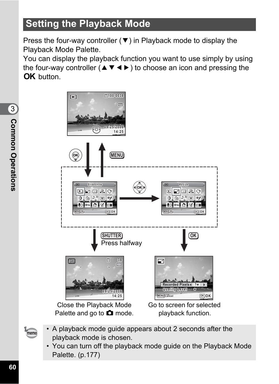 Setting the playback mode, P.60), De (p.60) | Pentax Optio W20 User Manual | Page 62 / 208