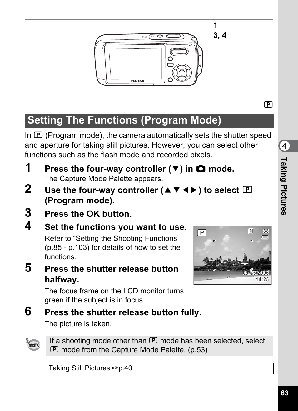 Setting the functions (program mode), P.63) | Pentax Optio W20 User Manual | Page 65 / 208