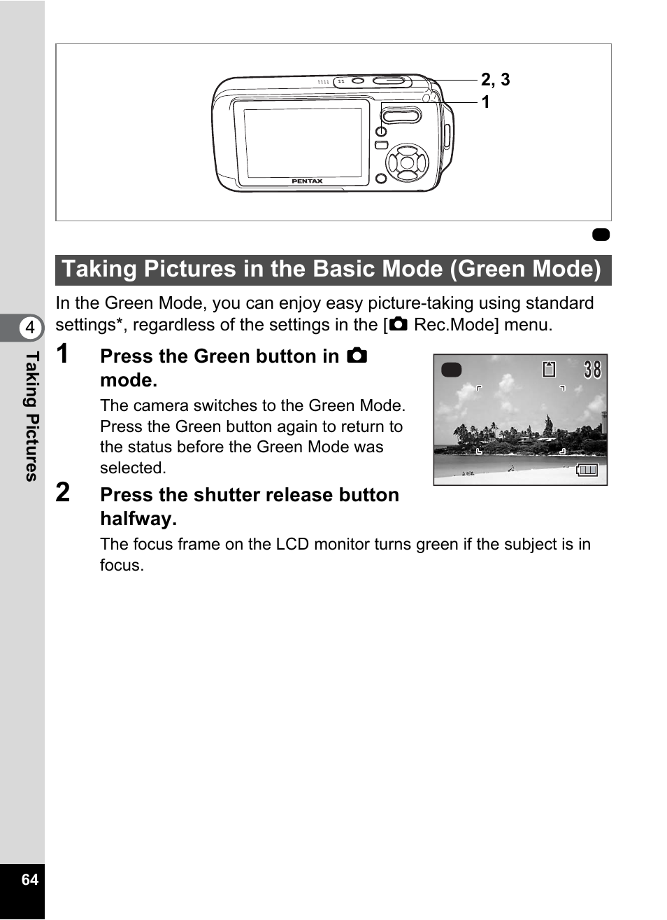 Taking pictures in the basic mode (green mode), P.64) | Pentax Optio W20 User Manual | Page 66 / 208