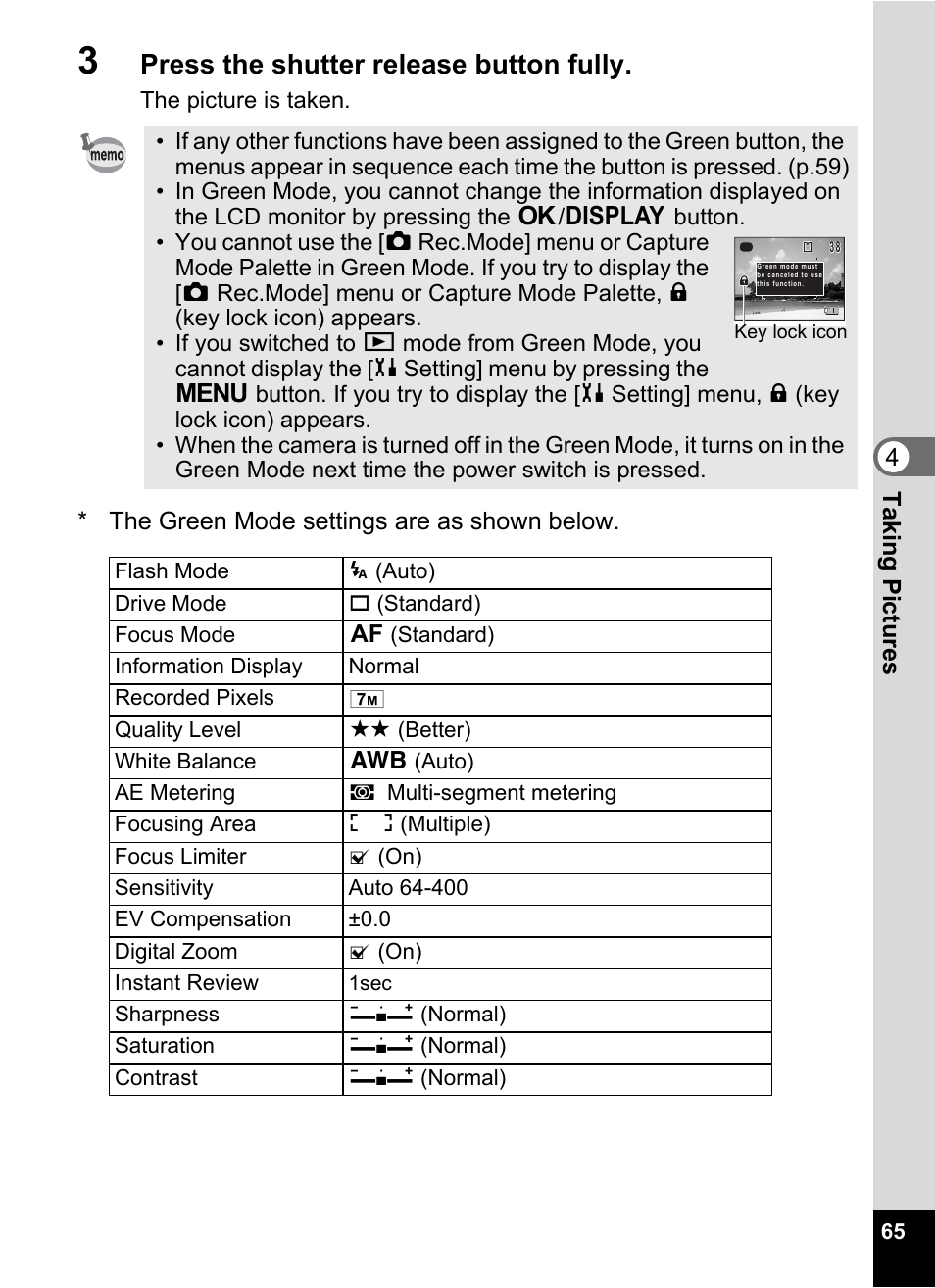 P.65), Press the shutter release button fully | Pentax Optio W20 User Manual | Page 67 / 208