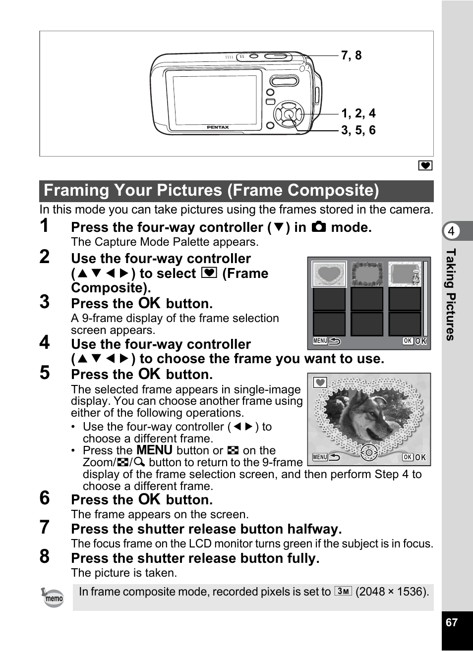 Framing your pictures (frame composite) | Pentax Optio W20 User Manual | Page 69 / 208