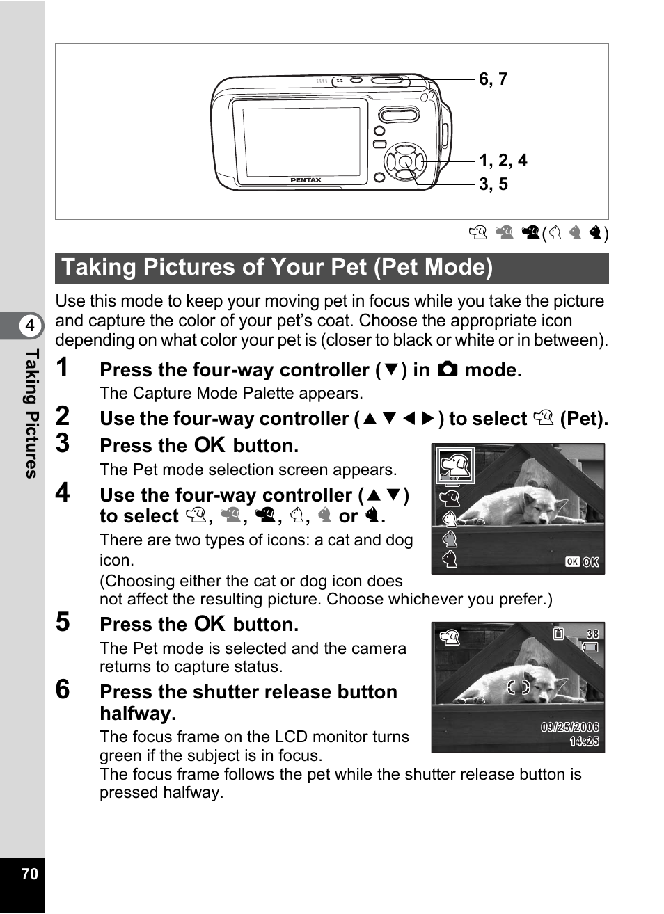 Taking pictures of your pet (pet mode) | Pentax Optio W20 User Manual | Page 72 / 208