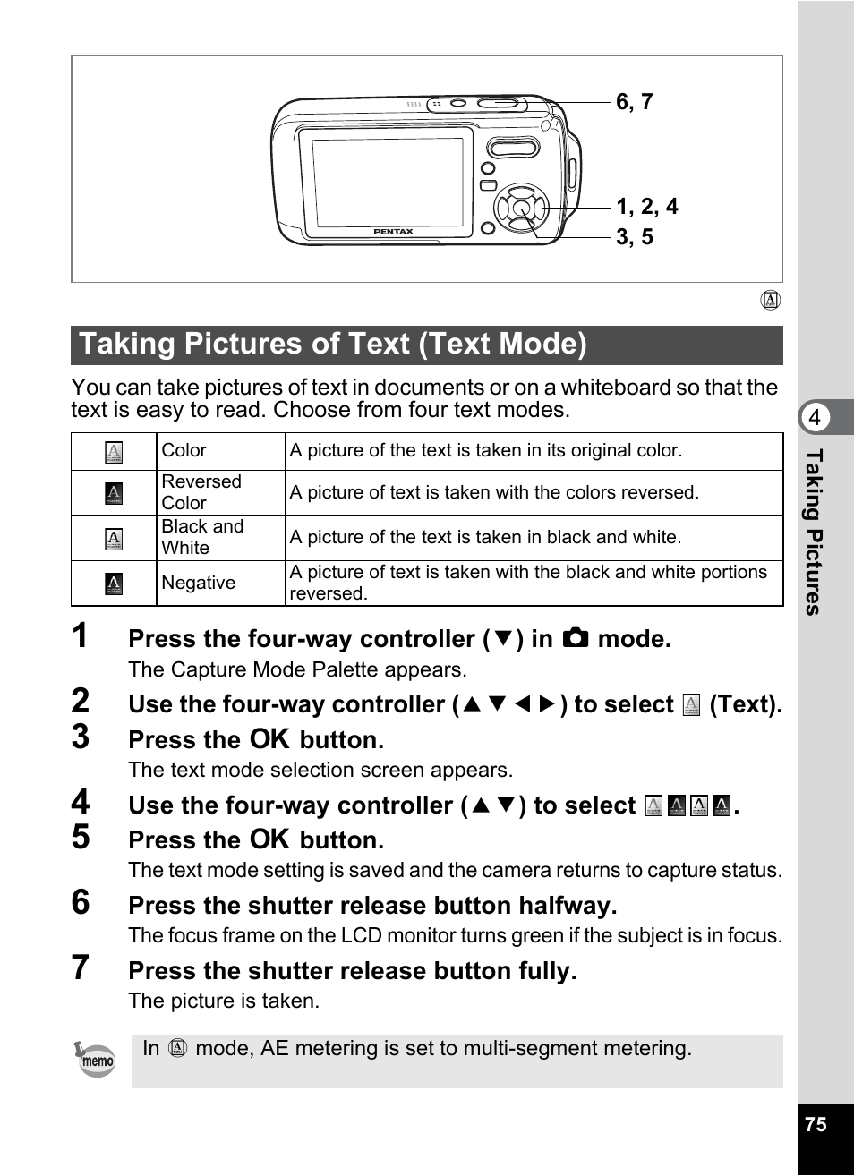 Taking pictures of text (text mode) | Pentax Optio W20 User Manual | Page 77 / 208