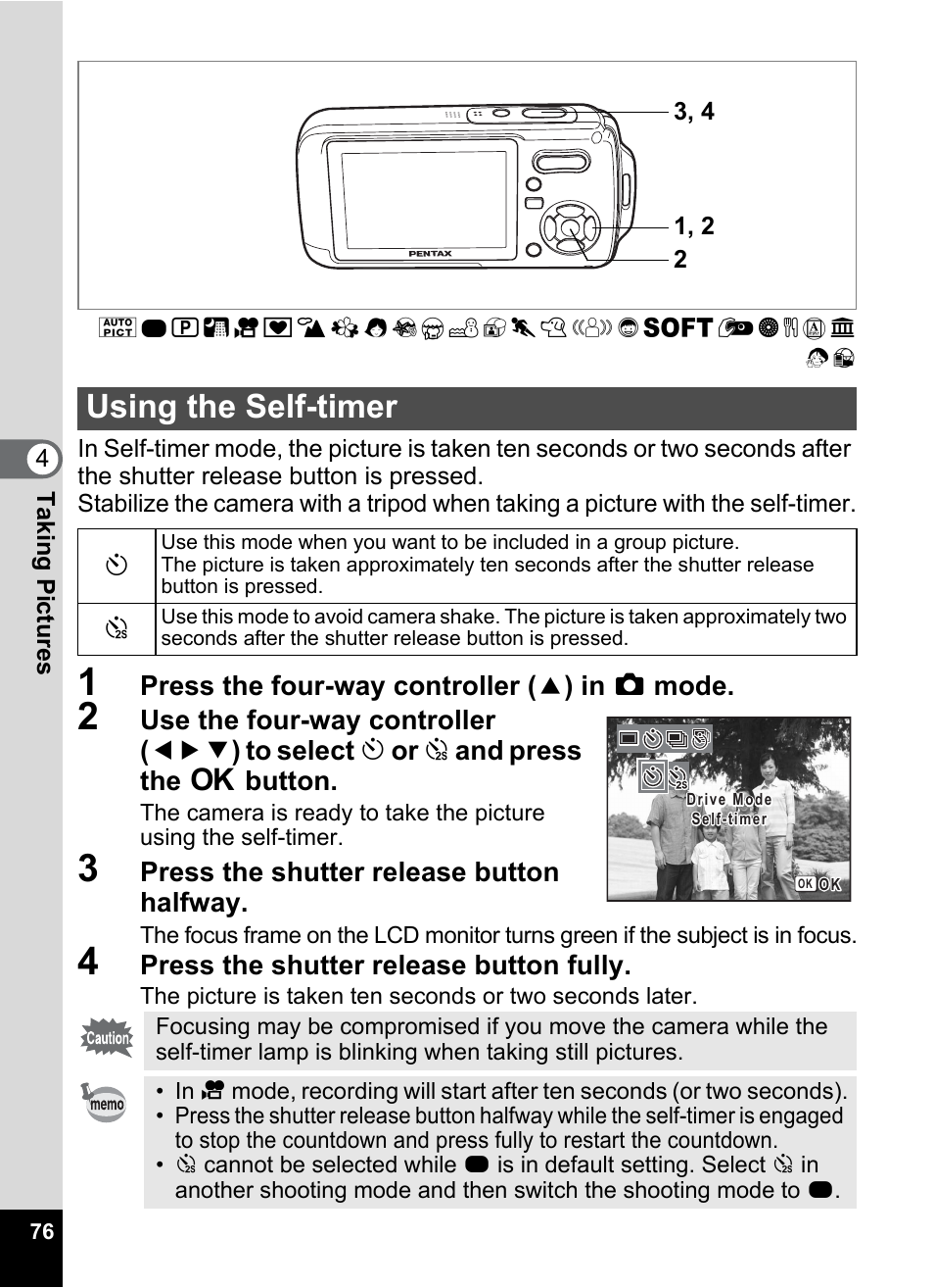 Using the self-timer, P.76 | Pentax Optio W20 User Manual | Page 78 / 208