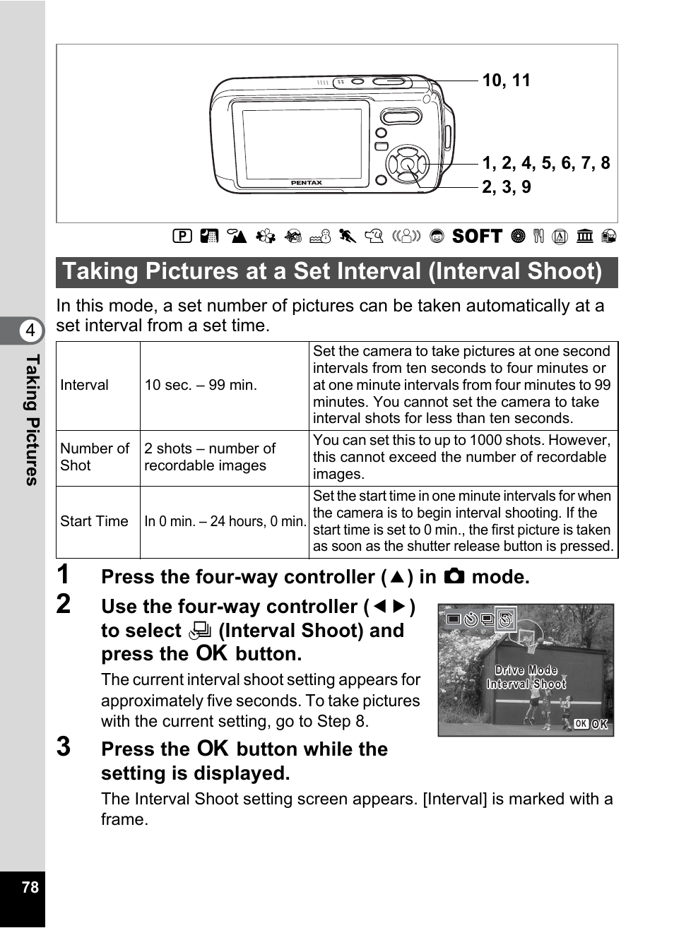 Taking pictures at a set interval (interval shoot), P.78, Press the four-way controller ( 2 ) in a mode | Press the 4 button while the setting is displayed | Pentax Optio W20 User Manual | Page 80 / 208