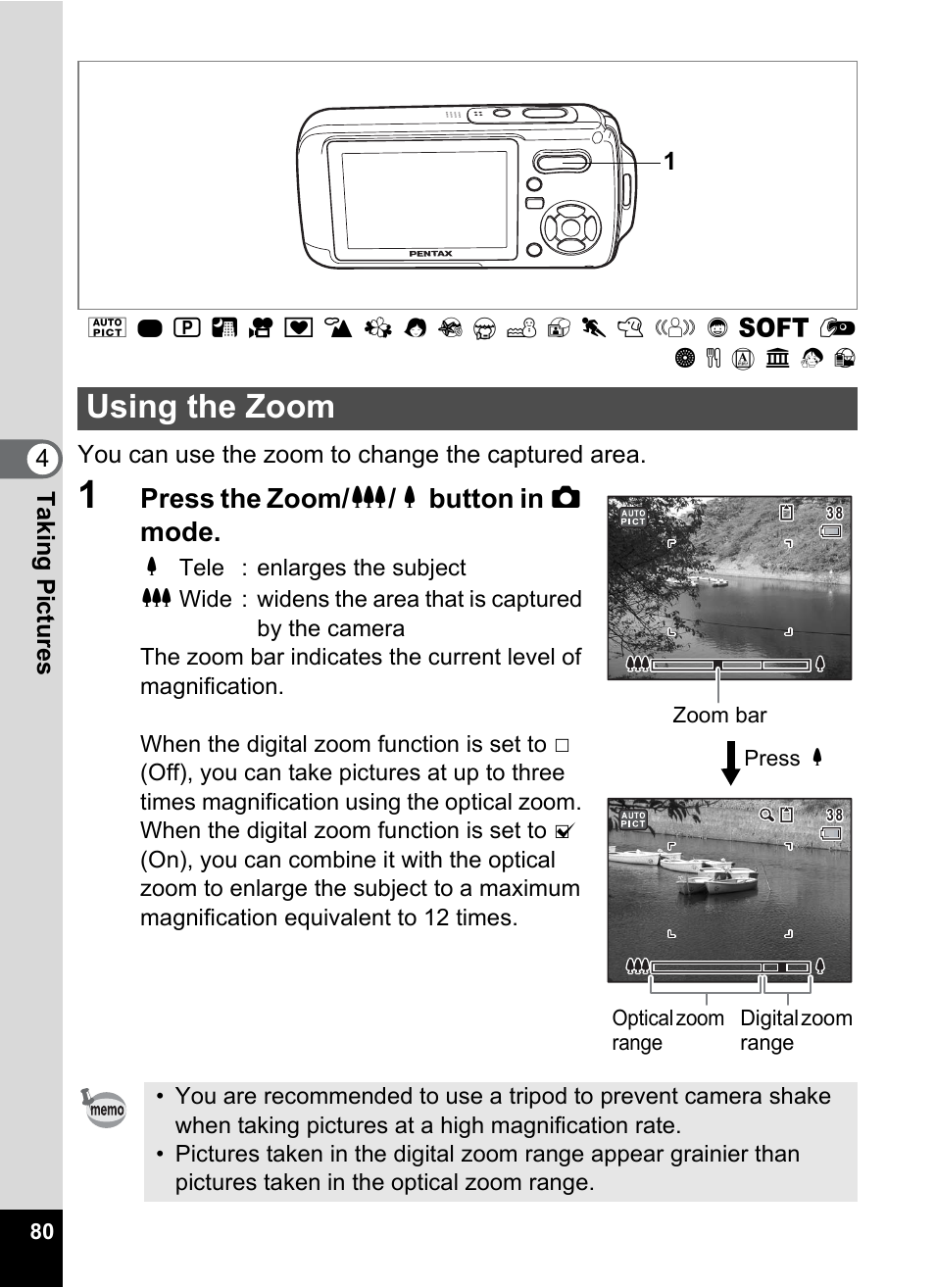 Using the zoom, On (p.80), P.80 | Press the zoom/ w / x button in a mode | Pentax Optio W20 User Manual | Page 82 / 208