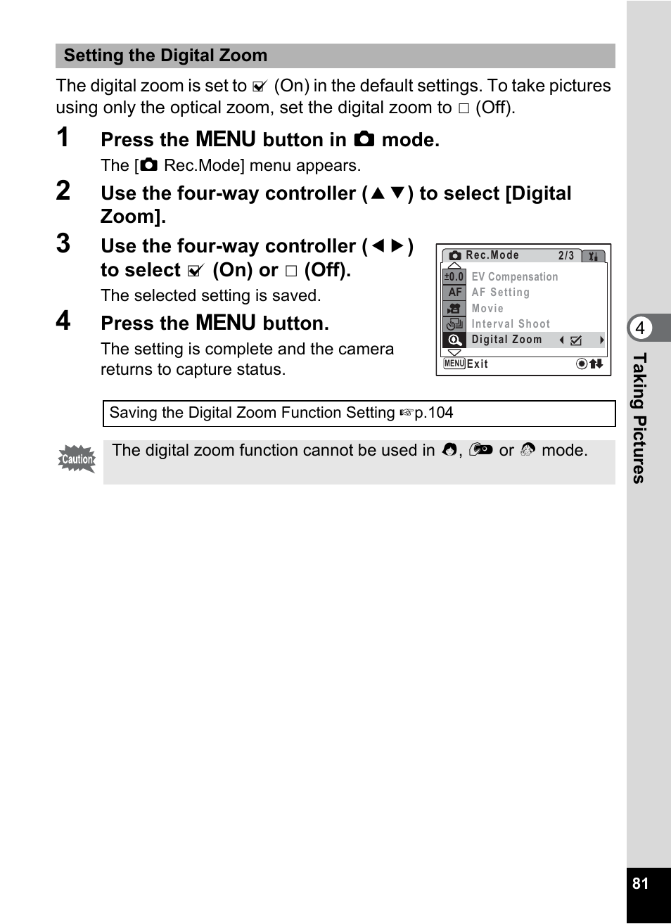 P.81, Press the 3 button in a mode, Press the 3 button | Pentax Optio W20 User Manual | Page 83 / 208