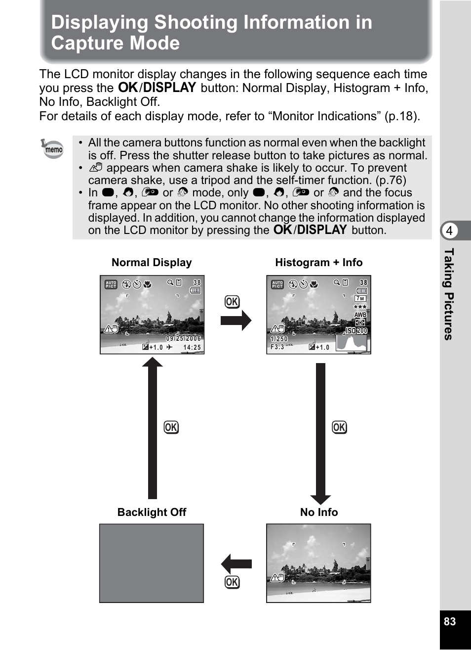 Displaying shooting information in capture mode, On (p.83), P.83 | 4t aking pictu res | Pentax Optio W20 User Manual | Page 85 / 208