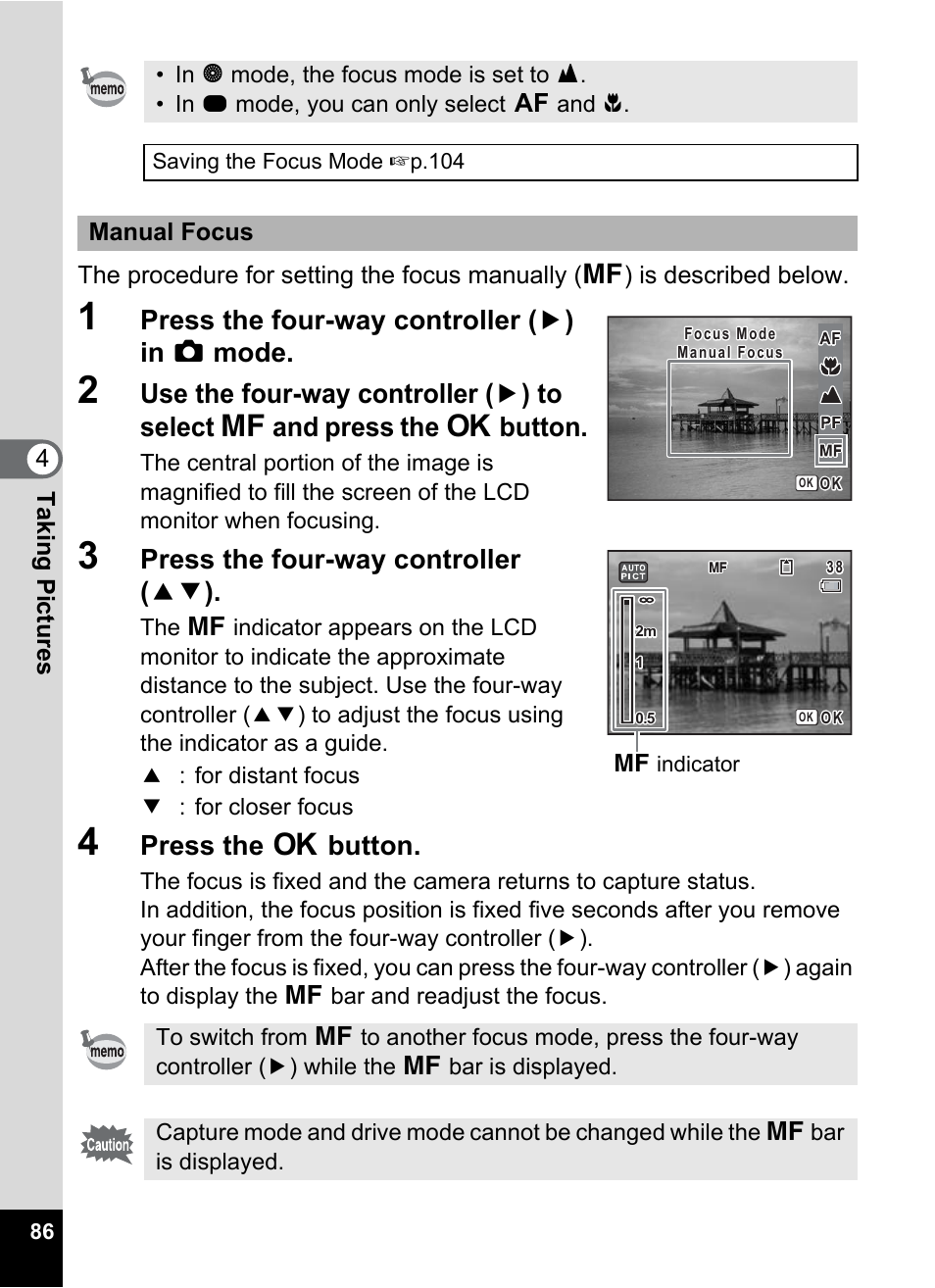 P.86), Press the four-way controller ( 5 ) in a mode, Press the four-way controller ( 23 ) | Press the 4 button, Manual focus | Pentax Optio W20 User Manual | Page 88 / 208