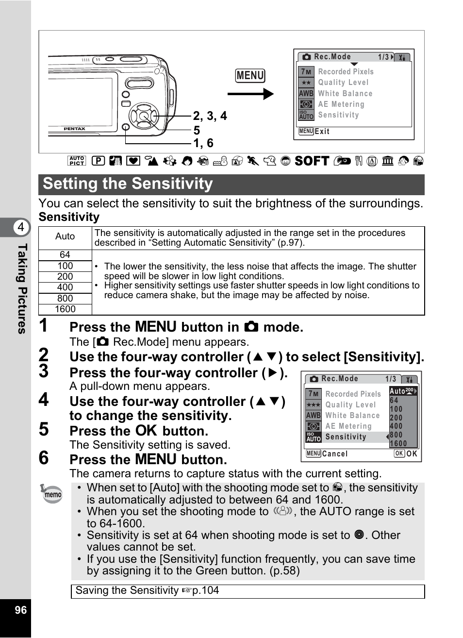 Setting the sensitivity, Y (p.96, Y (p.96) | P.96, Press the 3 button in a mode, Press the four-way controller ( 5 ), Press the 4 button, Press the 3 button | Pentax Optio W20 User Manual | Page 98 / 208