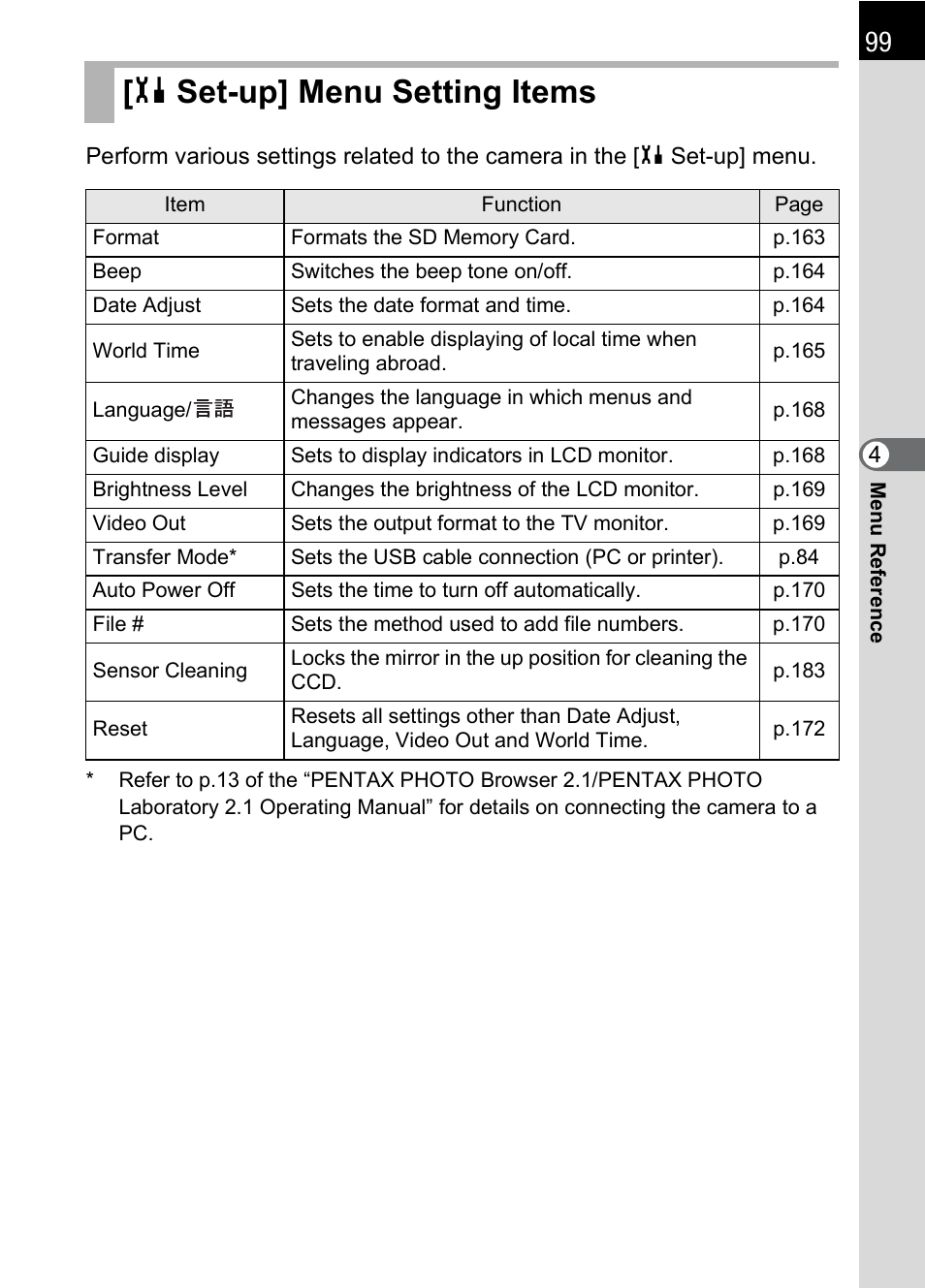 Set-up] menu setting items, H set-up] menu setting items, R [guide display | P.99, P.99) and, Set-up] menu (p.99) | Pentax IST DS2 User Manual | Page 101 / 212