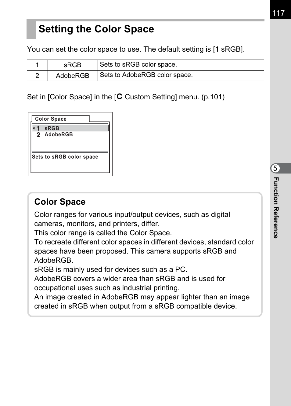Setting the color space, P.117), P.117 | Color space | Pentax IST DS2 User Manual | Page 119 / 212