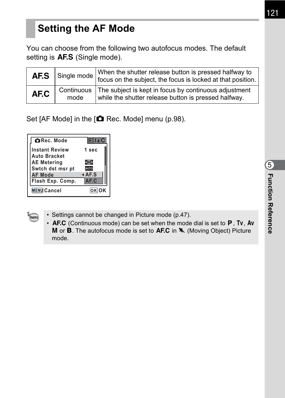Setting the af mode, P.121, P.121) | Pentax IST DS2 User Manual | Page 123 / 212